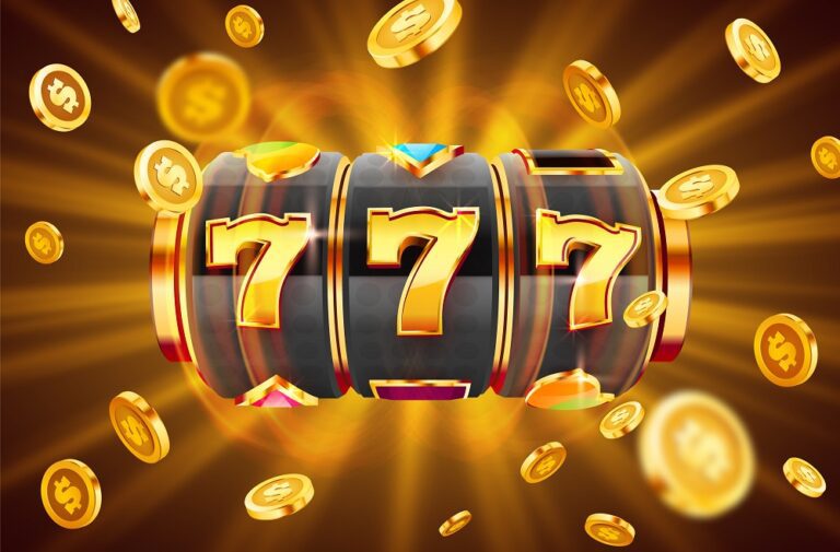 Golden slot machine wins the jackpot. 777 Big win concept. Casino jackpot.